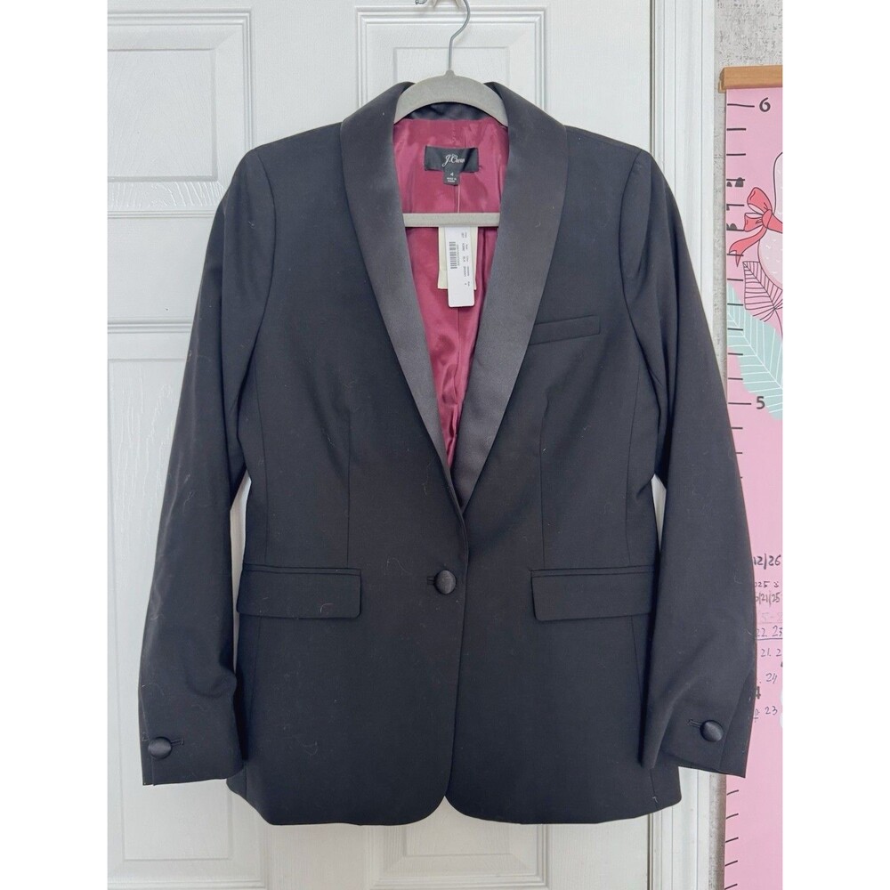 NWT J.Crew Womens Tuxedo Wool Blend Satin One Button Blazer Black Shawl Collar 4